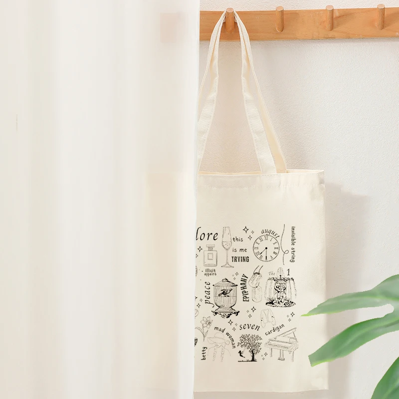 Folklore Album Pattern Tote Bag Canvas Foldable Shoulder Bag Summer Travel Daily Commute Women's Reusable Shopping for Ladys