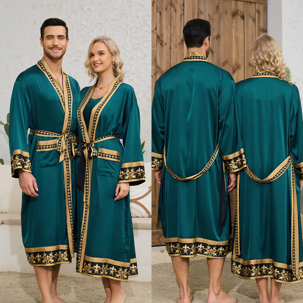 Elegant Baroque Print Silk Satin Kimono Robe