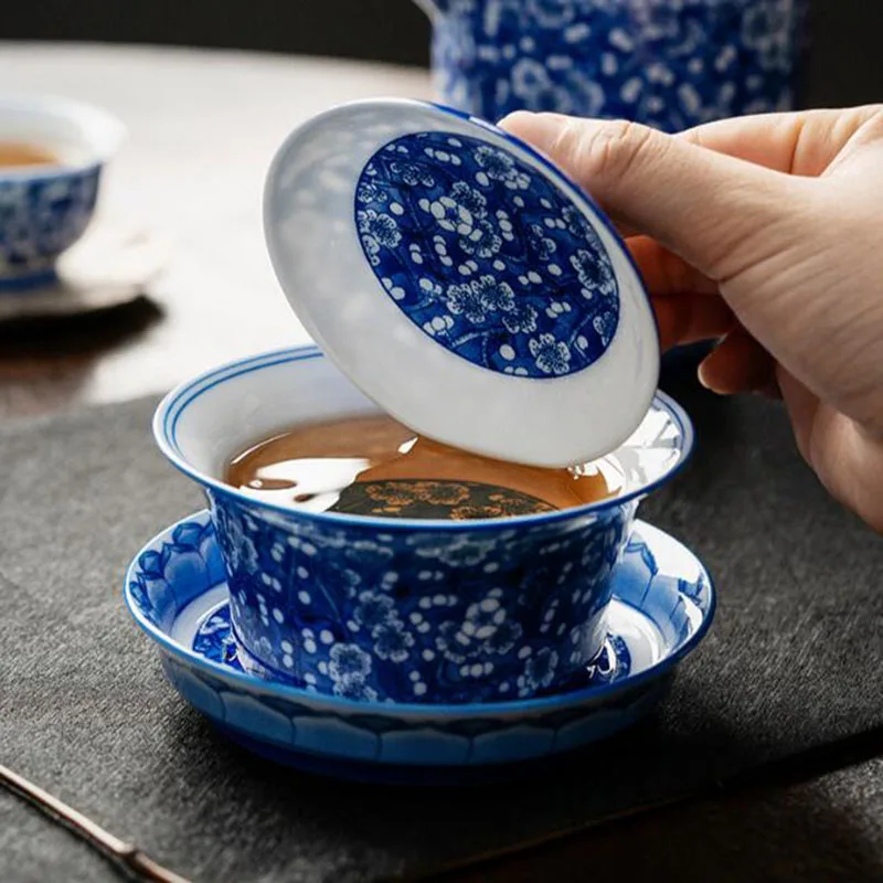 Porcelain Blue and White Plum Blossom Pattern Sancai Gaiwan Kungfu Tea Cup Infuser Tea Bowl Kitchen Teaware