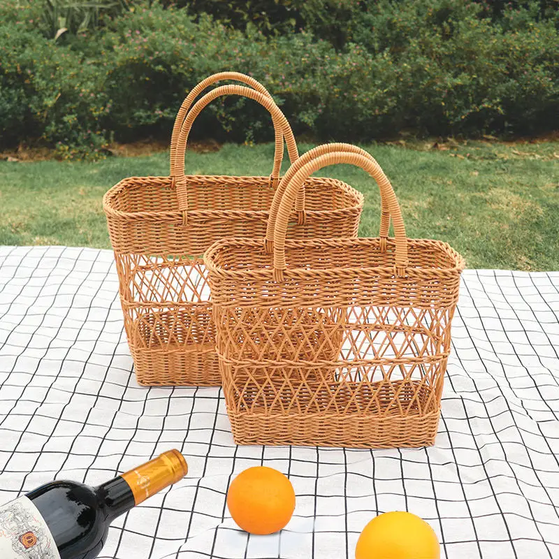 Woven Picnic Basket Large Capacity Fashionable Handmade Shopping Basket Portable Rattan For Camping Picnic BBQ Fishing
