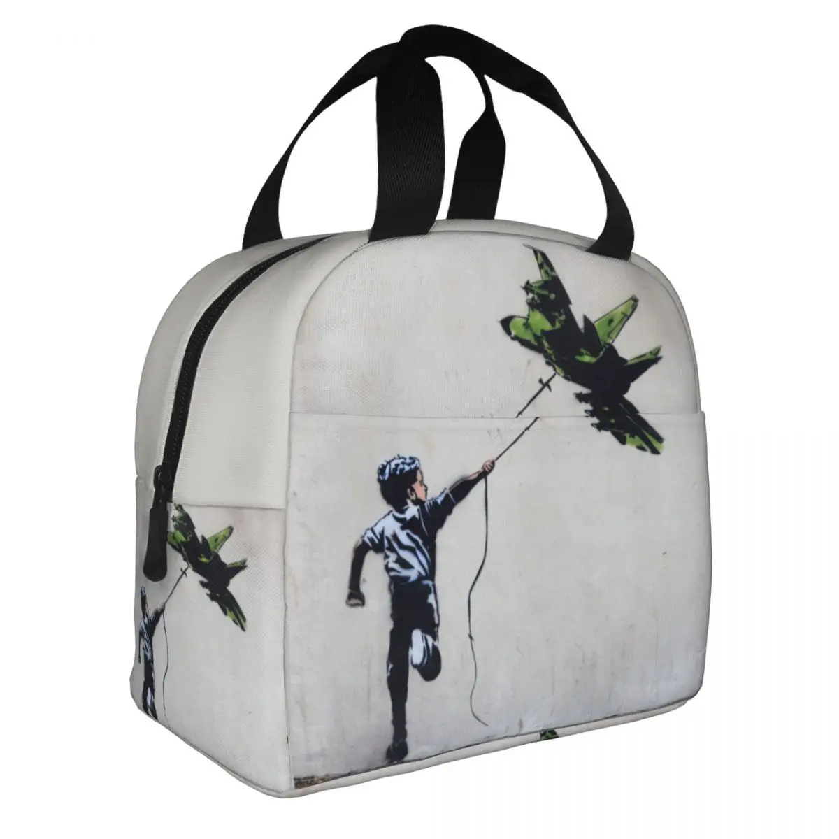 

BANKSY Boy Playing With Jetfighter Kite - Street Art Mideast Insulated Lunch Bags Thermal Bag Lunch Container Tote Lunch Box