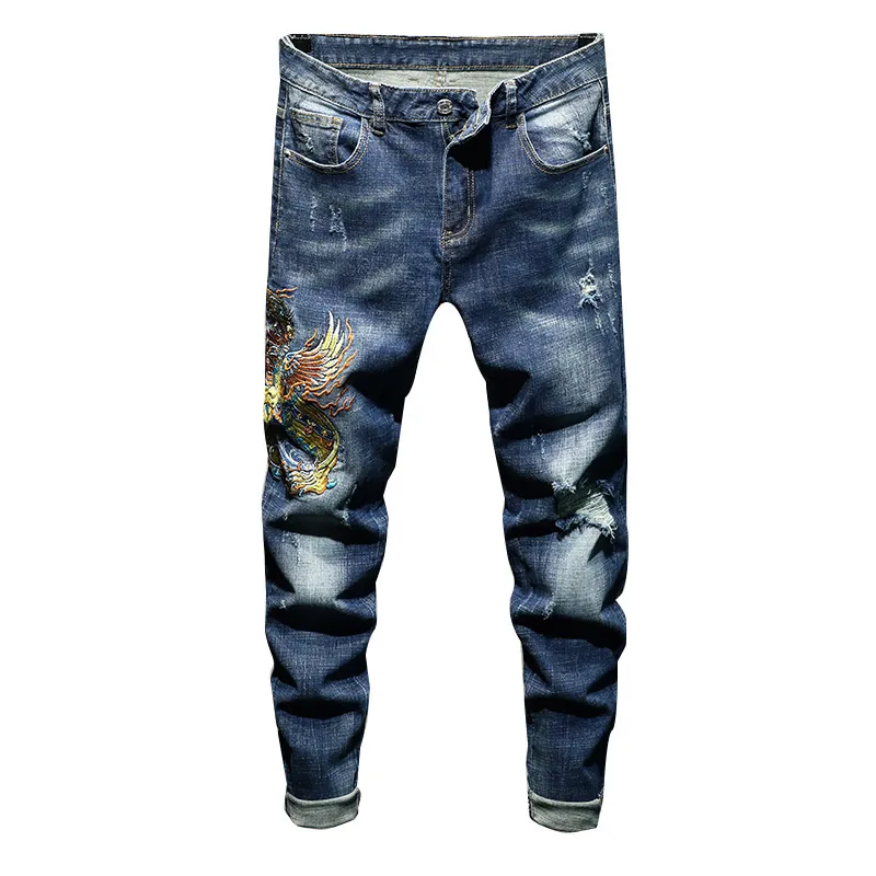 Chinese Style Embroidery Jeans Men's High Street Design Sense Embroidered Slim Fit Pu Shuai Scratch Retro Street Long Skinny Pan