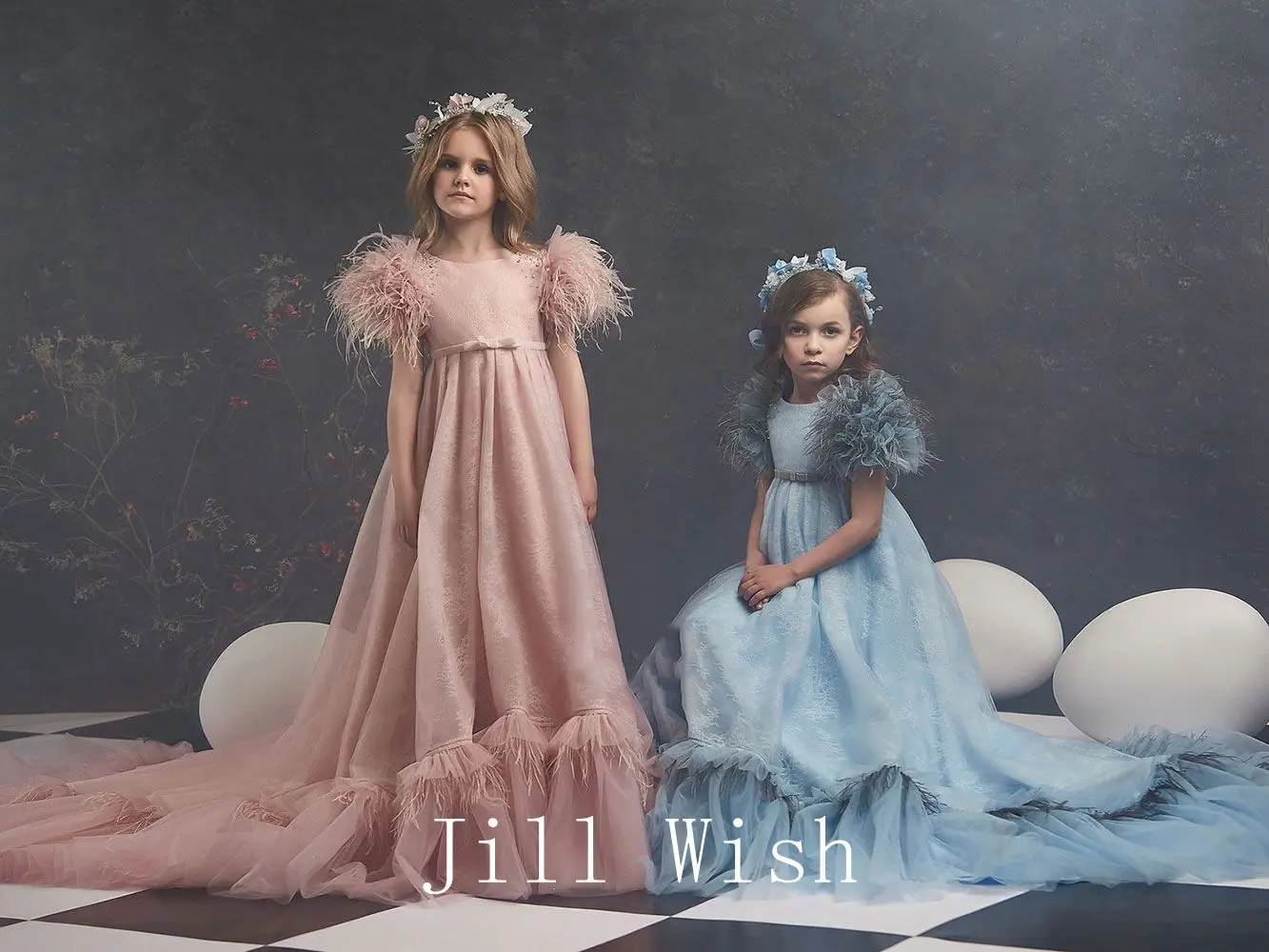 Jill Wish Luxury Elegant Dusty Pink Flower Girl Dress Fearthers Princess Gown Kids Wedding Birthday Party Communion Pageant J114