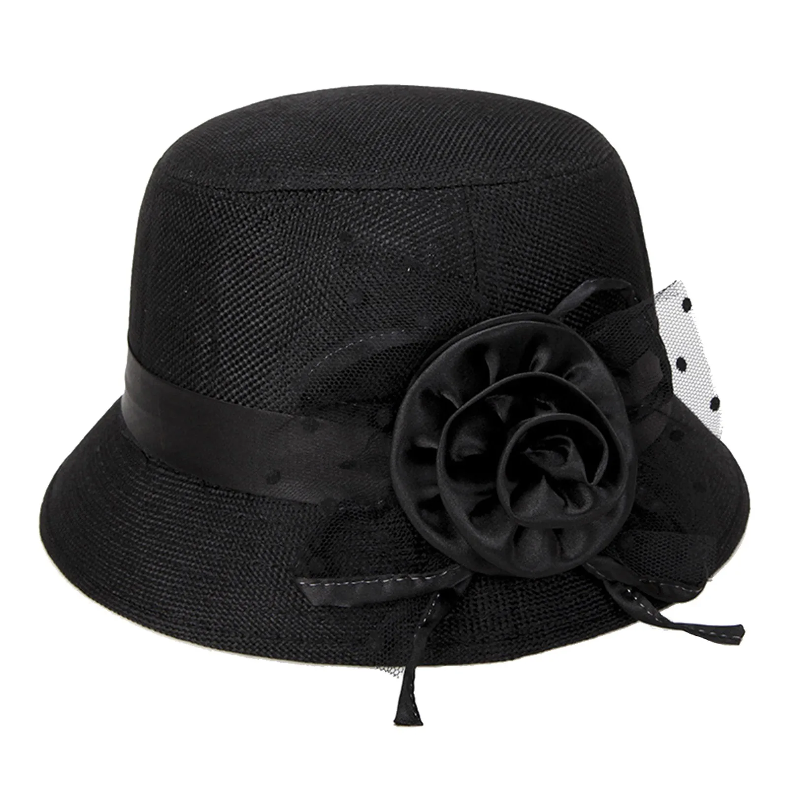 Damen Einfarbiger Sonnenschutz-Prinzessinnenhut mit Blumen Modischer Sommer-Outdoor-Atmungsaktiver Fedora-Hut Abendparty-Accessoire – Detail 4