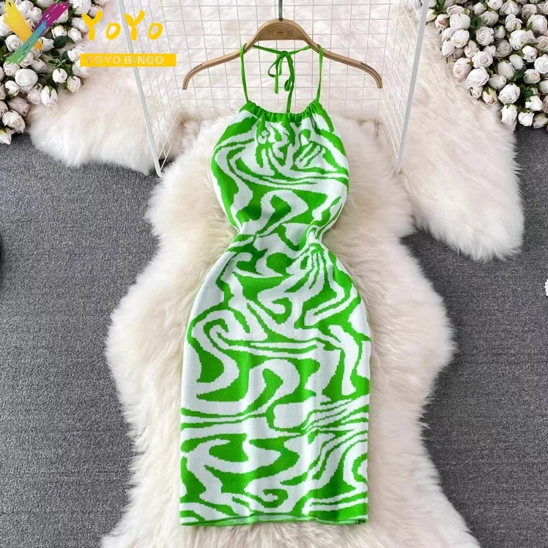 

Sexy Lace Up Neck Knitted Zebra Spaghetti Strap Dress 2024 Summer Sweater Slim Bodycon Open Back Nightclub Dress