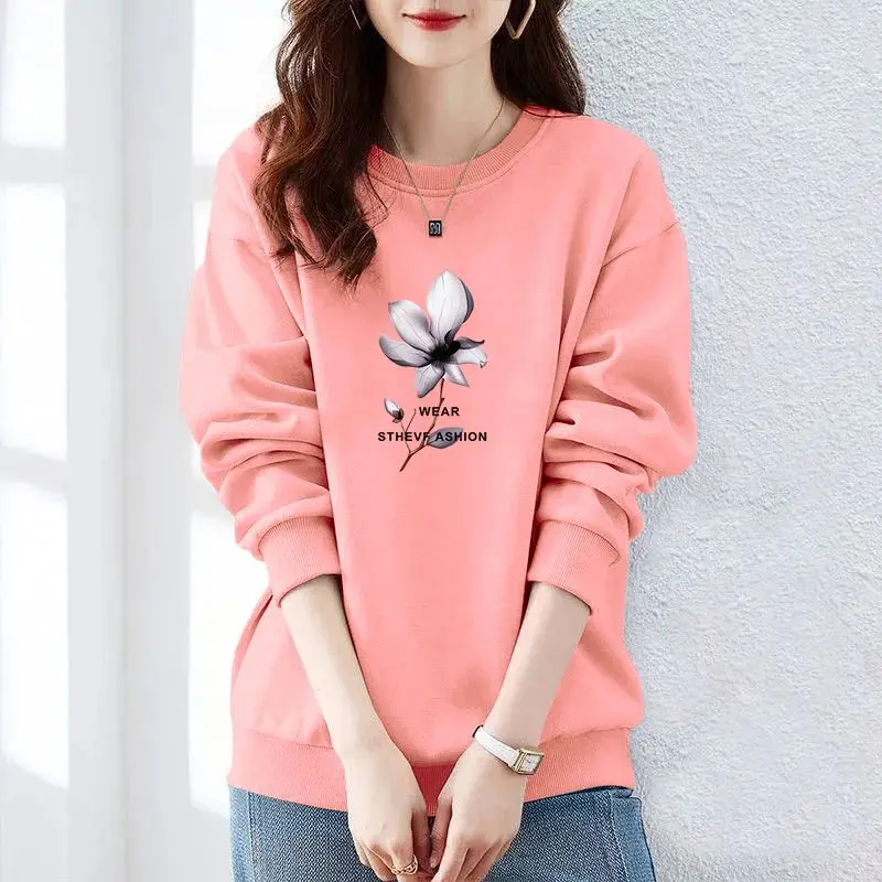 여성용 크루넥 긴팔 프린트 루즈한 풀오버, 한국 후드티, 클래식 캐주얼 올매치 상의, 가을 및 겨울 패션