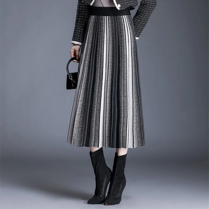 

Women Skirt Striped Knitted Midi Skirt A-Line Elegant Pleated Skirt Autumn Winter Spring faldas femme jupes