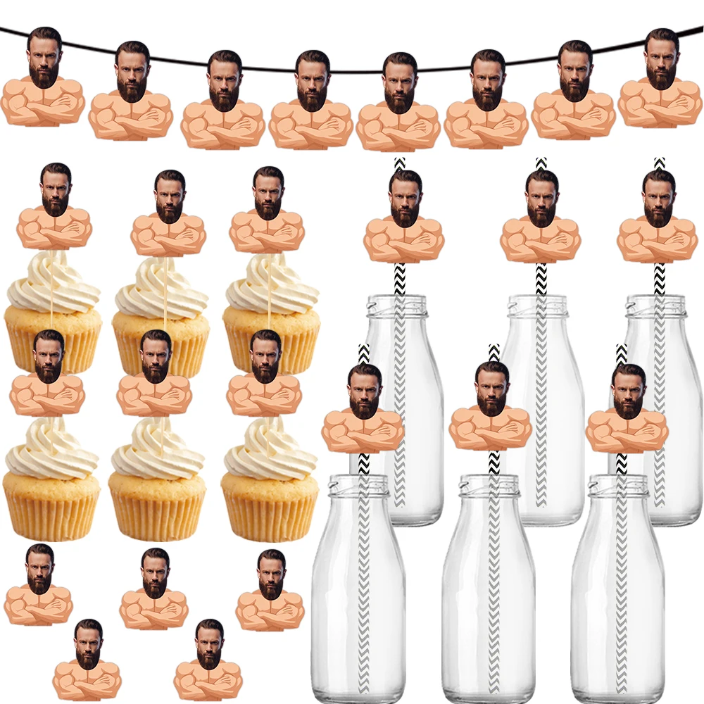 Maßgeschneiderte Geburtstagsfeier-Dekoration, Cartoon-Muskelmann-Gesicht, Foto-Banner, Geschenkaufkleber und Kuchendekoration, Plugins-Strohset – Detail 4
