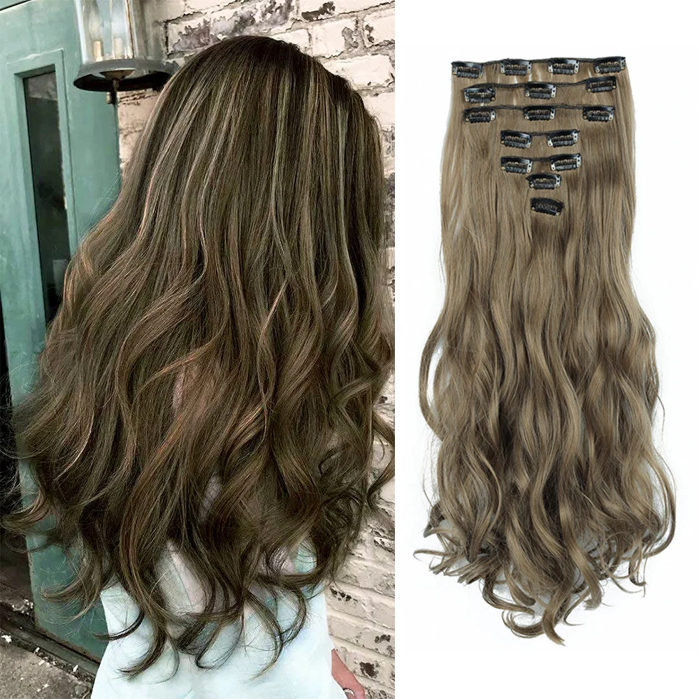 thumbnail image 1 of Extensiones de cabello con clip, 7 piezas, 22 pulgadas de largo, pelo sintético ondulado y rizado, cabello ondulado natural para mujeres y niñas, 1 of 5