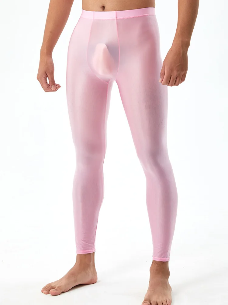 Sexy Men Stain Oil Shiny Pants Bulge Convex Pouch Tights Men Trousers Leggings Yoga Smooth Pencil Pants Capris Candy Color