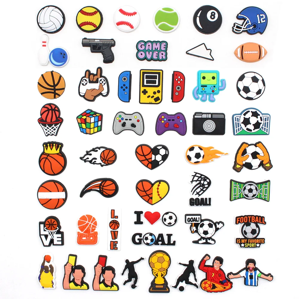 

Hot 1pcs Ball Sports Style Shoe Charms DIY Game Console PVC Football Sandals Fit Accessories Decorate kids Adult boy Party Gifts