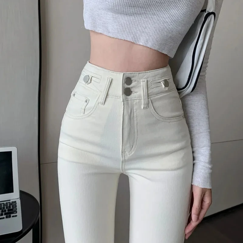 Korean Fashion Apricot Skinny Pants Women High Waist Stretch Jeans Pants Sexy Pencil Capris Streetwear Hip Lift Denim Legging women jeans spring summer fashion slim solid stretch jeans streetwear vintage button high waist denim pencil pants trousers