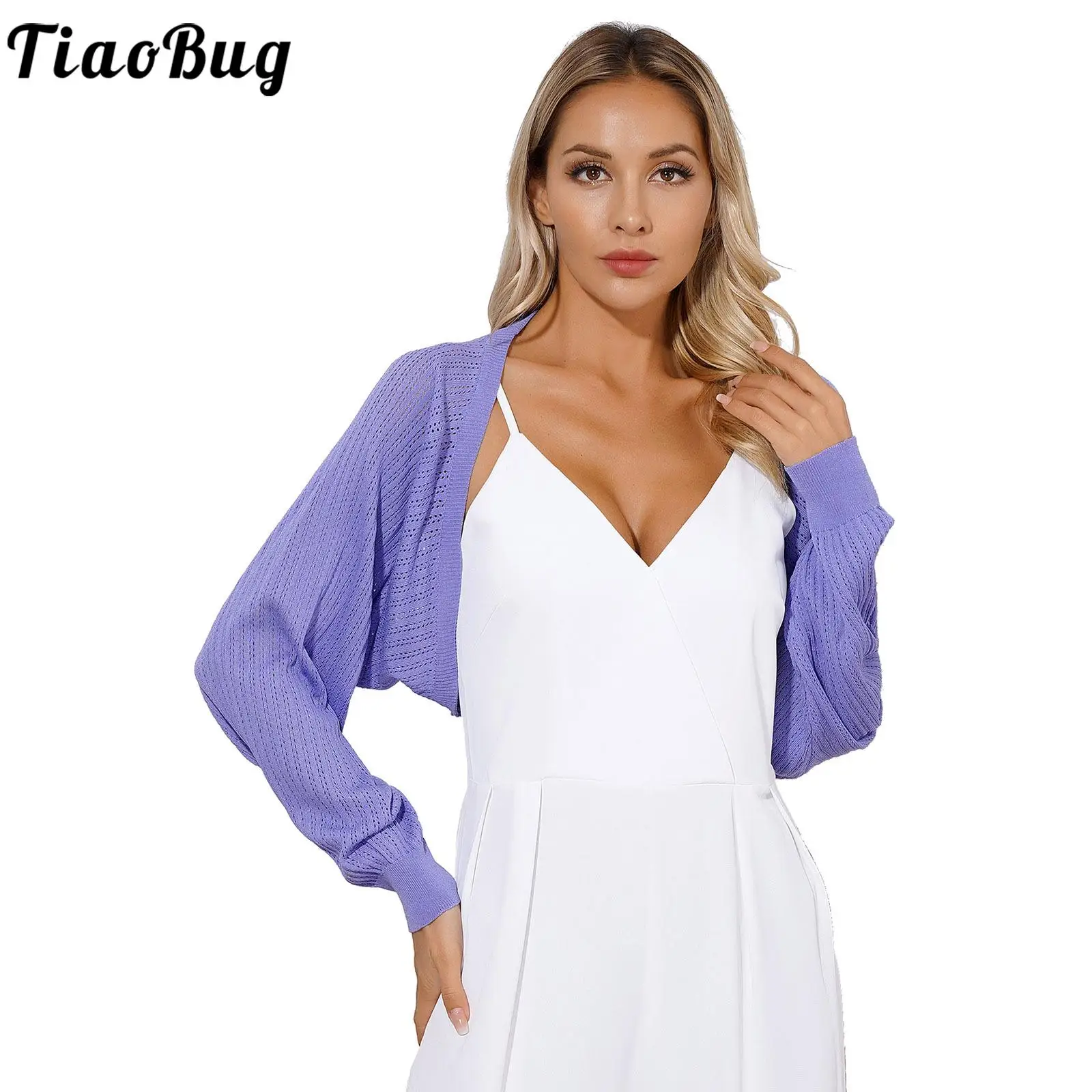 

Womens Fashion Hollow Out Knitted Cardigan Casual Solid Color Open Front Shrug Puff Sleeves Cropped Bolero Tops