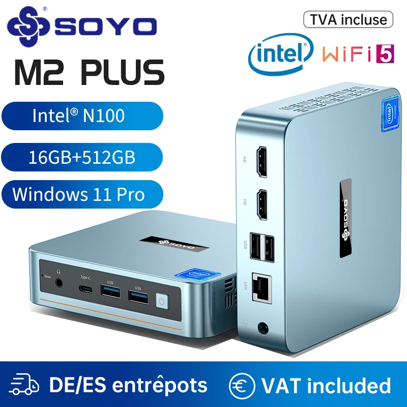 SOYO Mini PC M2 PLUS V1, Intel Alder Lake N100 Windows 11 Pro 16GB DDR4 512GB PCIe M.2 SSD WiFi 5 BT4.2 Desktop Computer