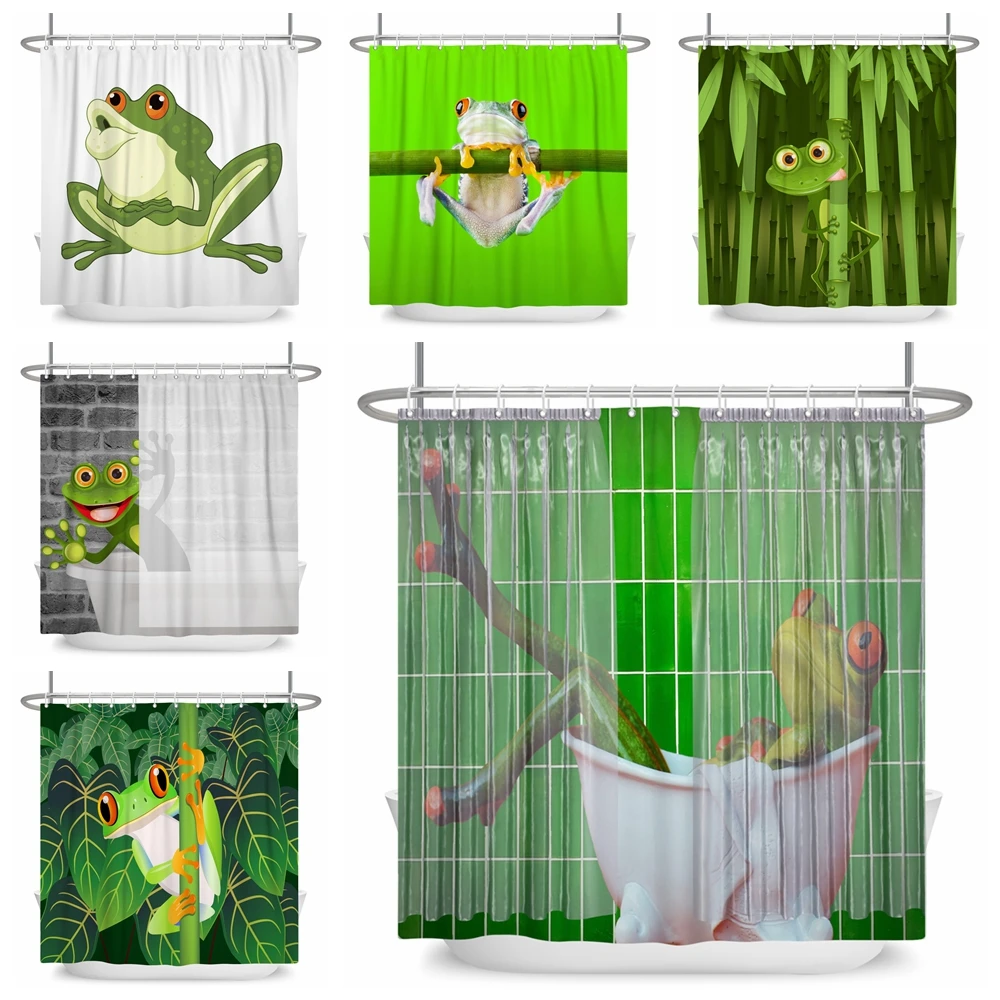 Funny Frog Cartoon Shower Curtains Animal Leaf Creative Children Bathroom Decor Waterproof Home Bath Curtains With Hooks