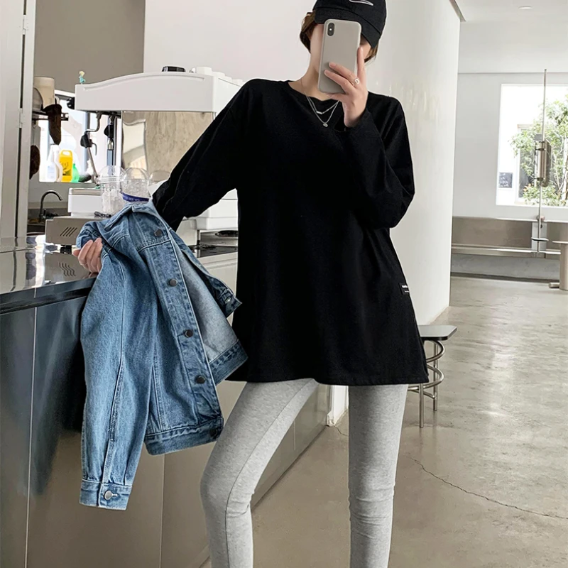 

Women Tee Shirt Casual Loose Cotton Tee Top Female Korean Fashion Split Long Sleeve Casual Basic Soild Color Oversize T Shirt