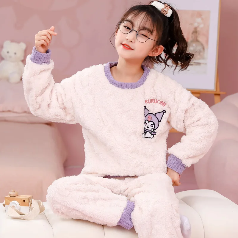 

Sanrio Kawaii Anime Plush Sleepwear Cute Kuromi Cinnamoroll My Melody Girls Winter Coral Velvet Pullover Pajamas 2Pcs Set Gift