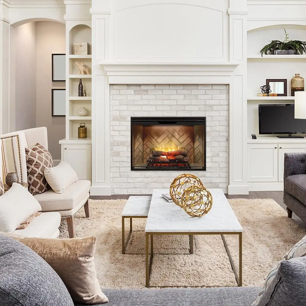42 Inch Built-in Electric Firebox Herringbone Brick Background Includes Realistic Faux Logset Front Glass Panel Firebox