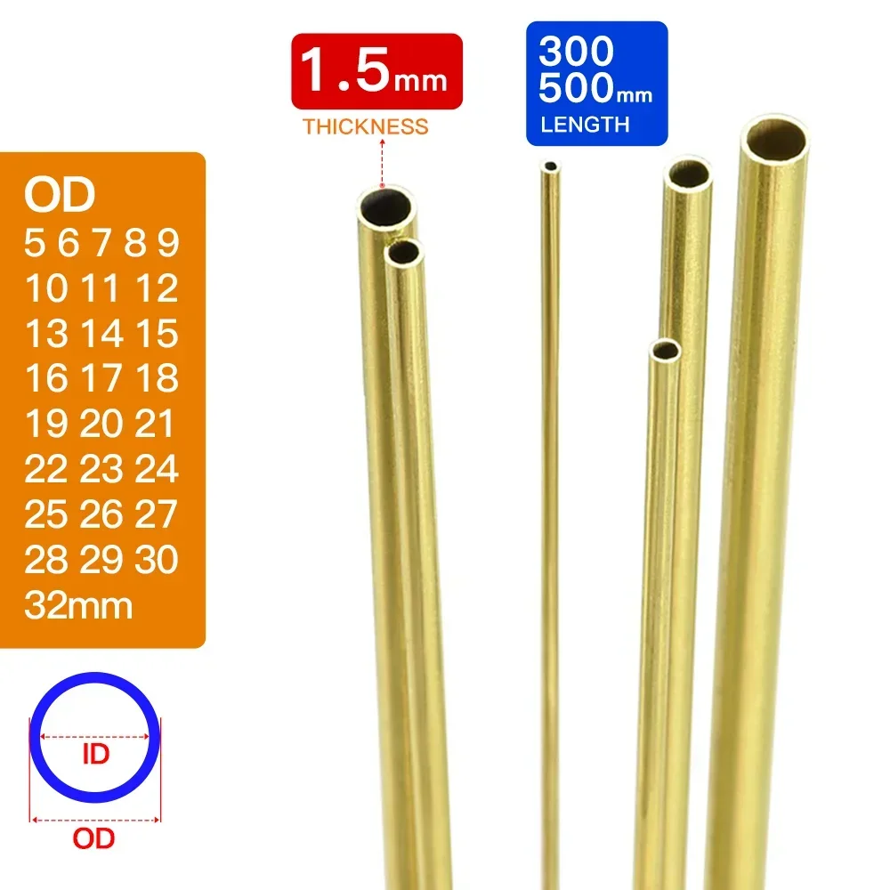 Brass pipe 1.5mm wall thickness 5-32mm OD brass tube 300mm 500mm length Straight tubing outer diameter modeling rod cutting DIY brass tube