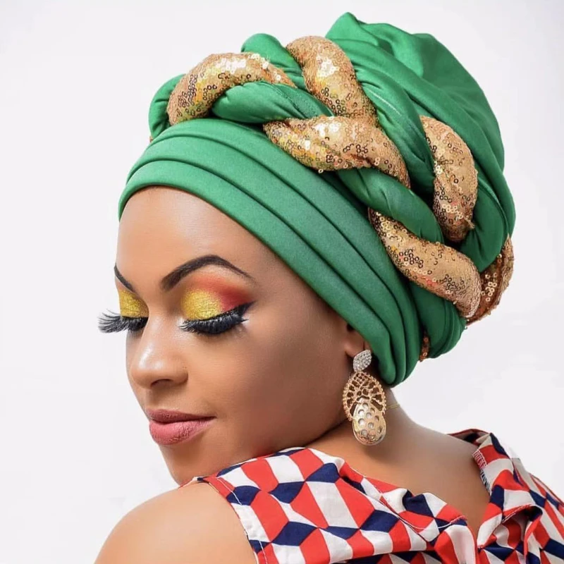 Women Braid Turbans Latest African Headtie Ladies Sequin Head Wraps African Aso Oke Winter Headtie Negerian Wedding Gele Caps