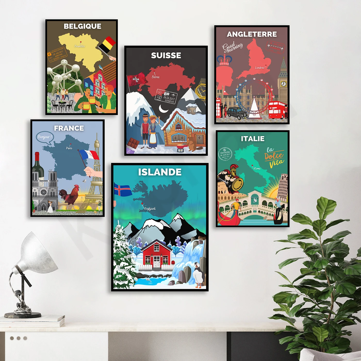 Groenlandia Norvegia Islanda Belgio Irlanda Spagna Svizzera Grecia Inghilterra Germania Francia Italia. Poster Della Mappa Del Paesaggio Di Viaggio