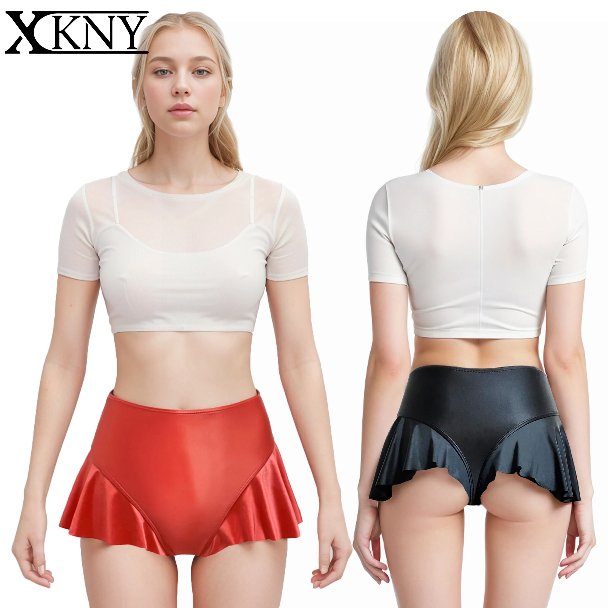 XCKNY Sexy glossy skirt Silky Solid thong RUFFLE CROSSOVER Underpants Oily Miniskirt T-back skirt sexy Bikini