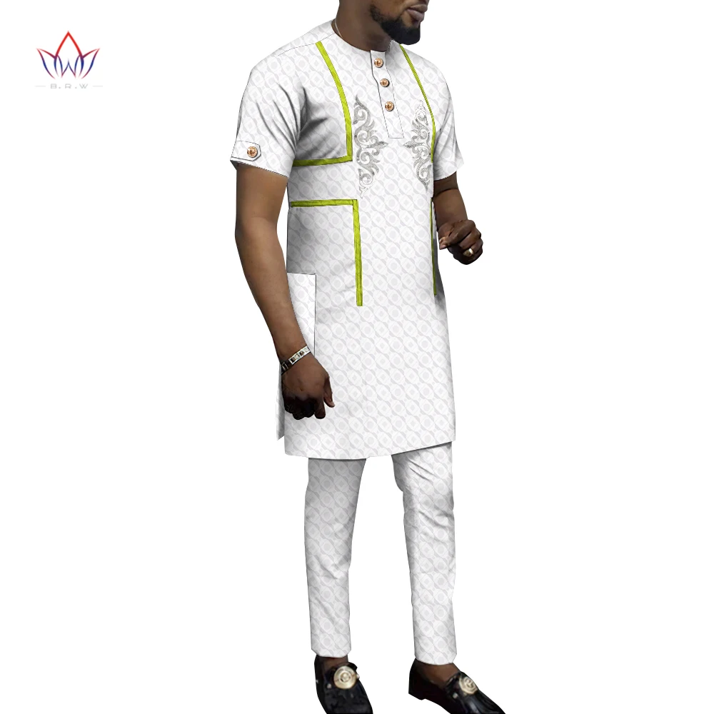 

BintaRealWax Africa Clothes for Men 2 Pieces Sets Bazin Riche Patchwork Top and Pants Set Traditional African Clothing WYN1592