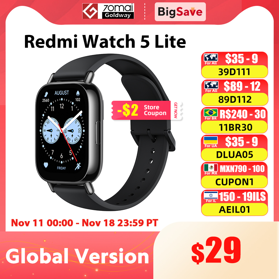  Global Version Xiaomi Redmi Watch 5 Lite 1.96'' AMOLED Screen Bluetooth GNSS 150+ Sport Modes Blood Oxygen 18 Days Battery Life 