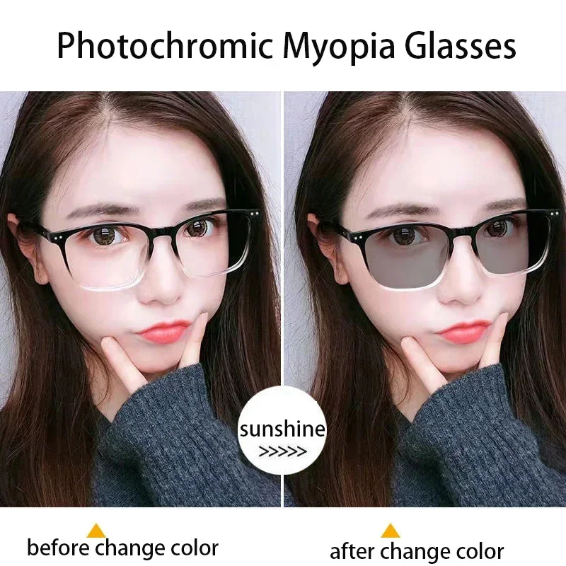 Photochromic Myopia Glasses Men Women Square Anti Blue Light Finished Prescription Eyewear Ultralights Retro