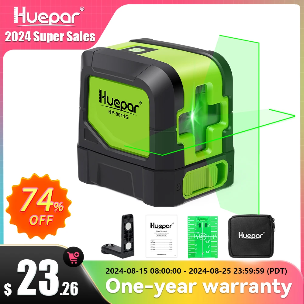 Huepar Green Laser Level DIY-Cross Line Laser Self-Leveling 9011G Bright Green Beam Horizontal and Vertical Lines laser level