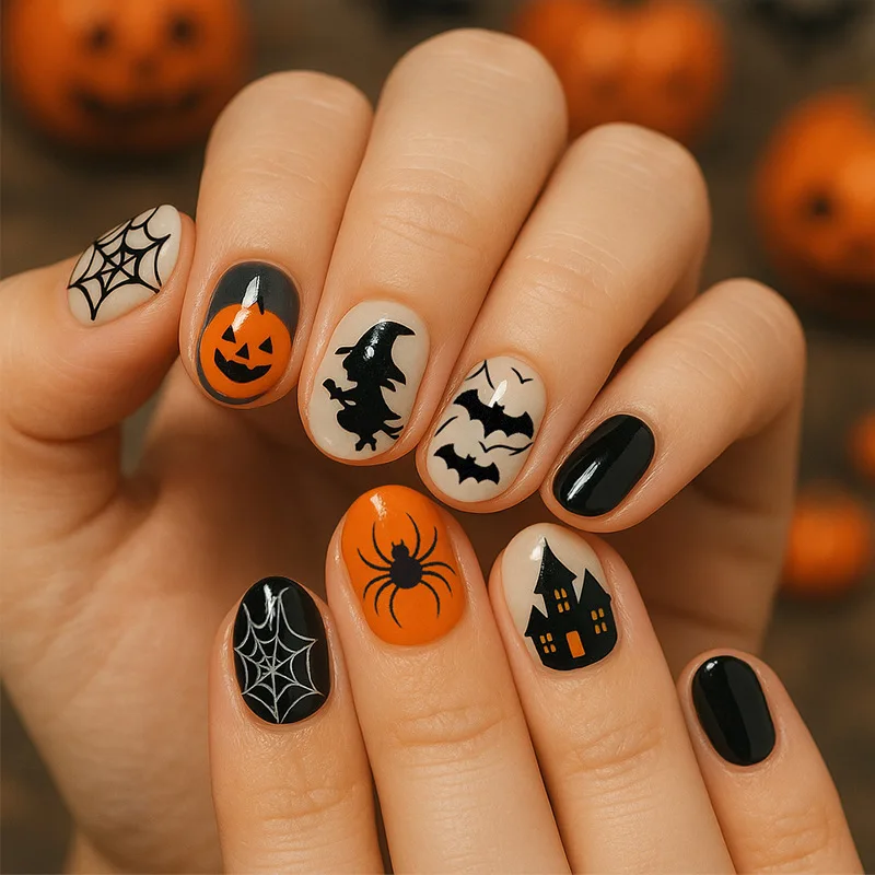 24Pcs Halloween Press on Nails Glow-in-the-Dark Spider Full Coverage Nail Tips for Women&Girl Removable Wearable False Nail