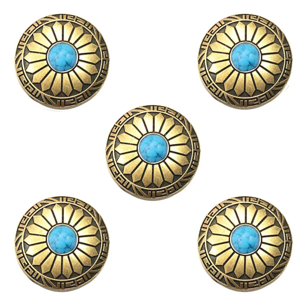Set of 5 Decorative 30mm Plated Brass Sunflower Carved Green Turquoise Conchos for Leathercraft and Accessories