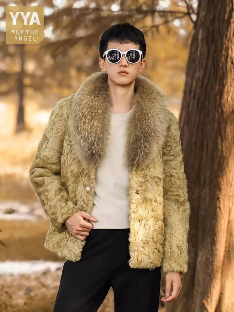 

Top Quality Mens Winter Raccoon Fur Collar Real Wool Jacket Banquet Party Natural Sheep Fur Coat Business Casual Warm Overcoat