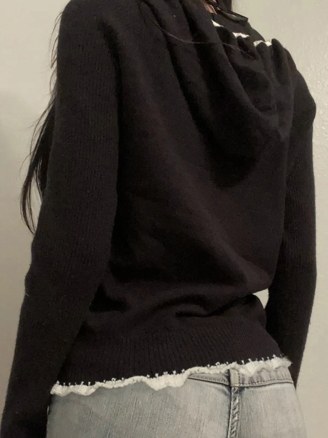 Black Lace Trim Knitted Sweater Cardigan Women Autumn Winter New Coat Sweet Basic All-Match Fashion 2