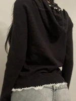 Black Lace Trim Knitted Sweater Cardigan Women Autumn Winter New Coat Sweet Basic All-Match Fashion 2