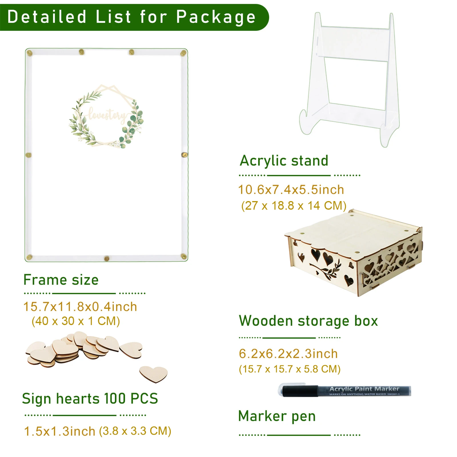 Acrylic wedding guestbook drop box with stand, 100 wooden hearts and markers, wedding signs for ceremony and reception