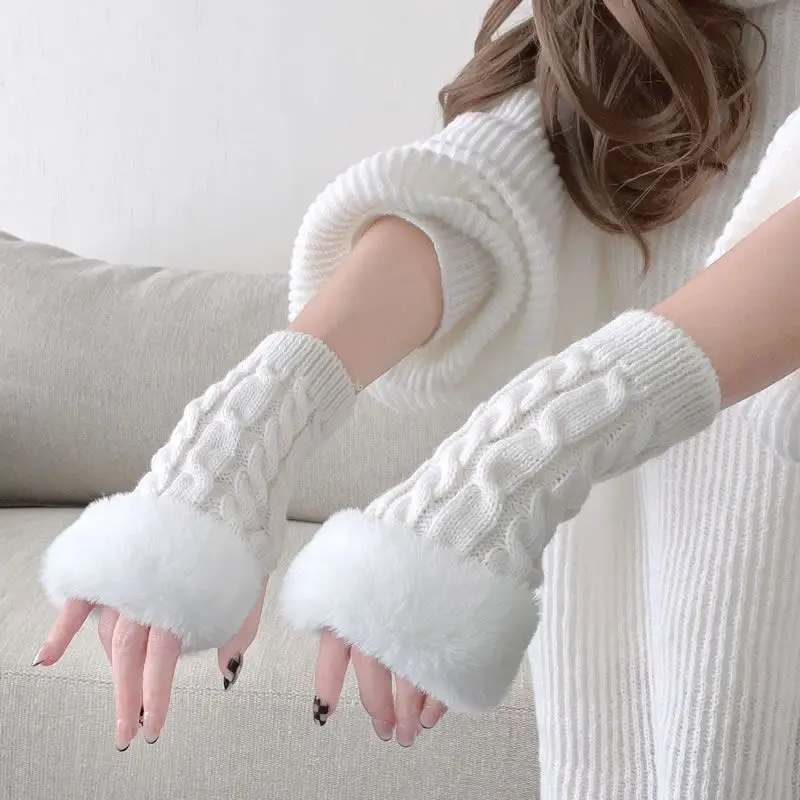 

1pair Women Winter Keep Warm Knitting Plush Gloves Half Fingers Mittens Autumn Winter Hand Protection Gloves For Women Girls