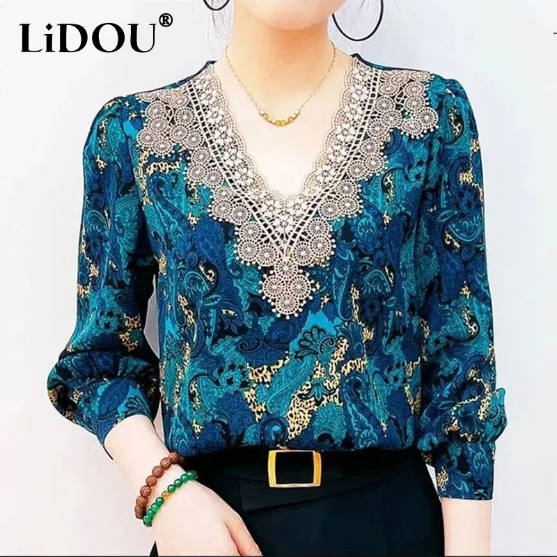 

Autumn Winter V-neck Lace Patchwork Elegant Fashion T-shirt Ladies Long Sleeve All-match Oversized Top Women Female Clothes Tees