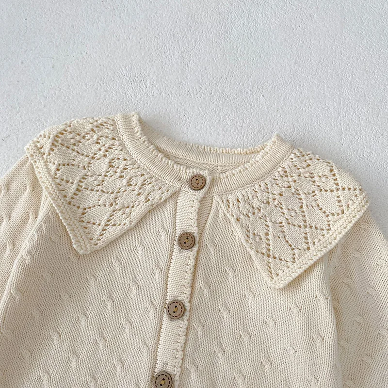  여아 긴 소매 솔리드 컬러 할로우 아웃 니트 의류 세트 및 롬퍼, 0-3 세 가을 어린이 세트