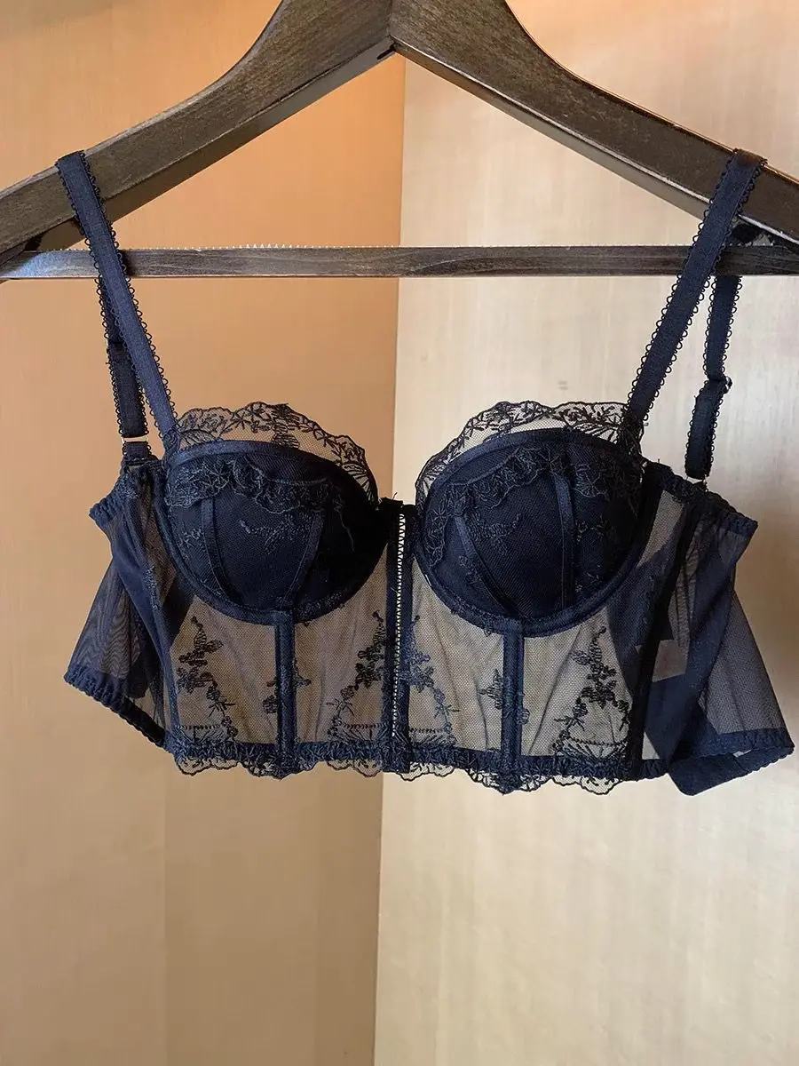 Ensemble soutien-gorge corset longue coupe demi-bonnet vintage français en dentelle brodée, lingerie sexy push-up avec maintien de la poitrine et effet sculptant, ensemble de lingerie 2 pièces