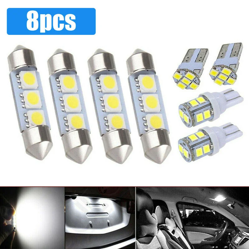 

8pcs White Car Tuning LED Dome Map License Plate Light Bulbs Interior Package Kit Exterior Parts Universal Car Accessories