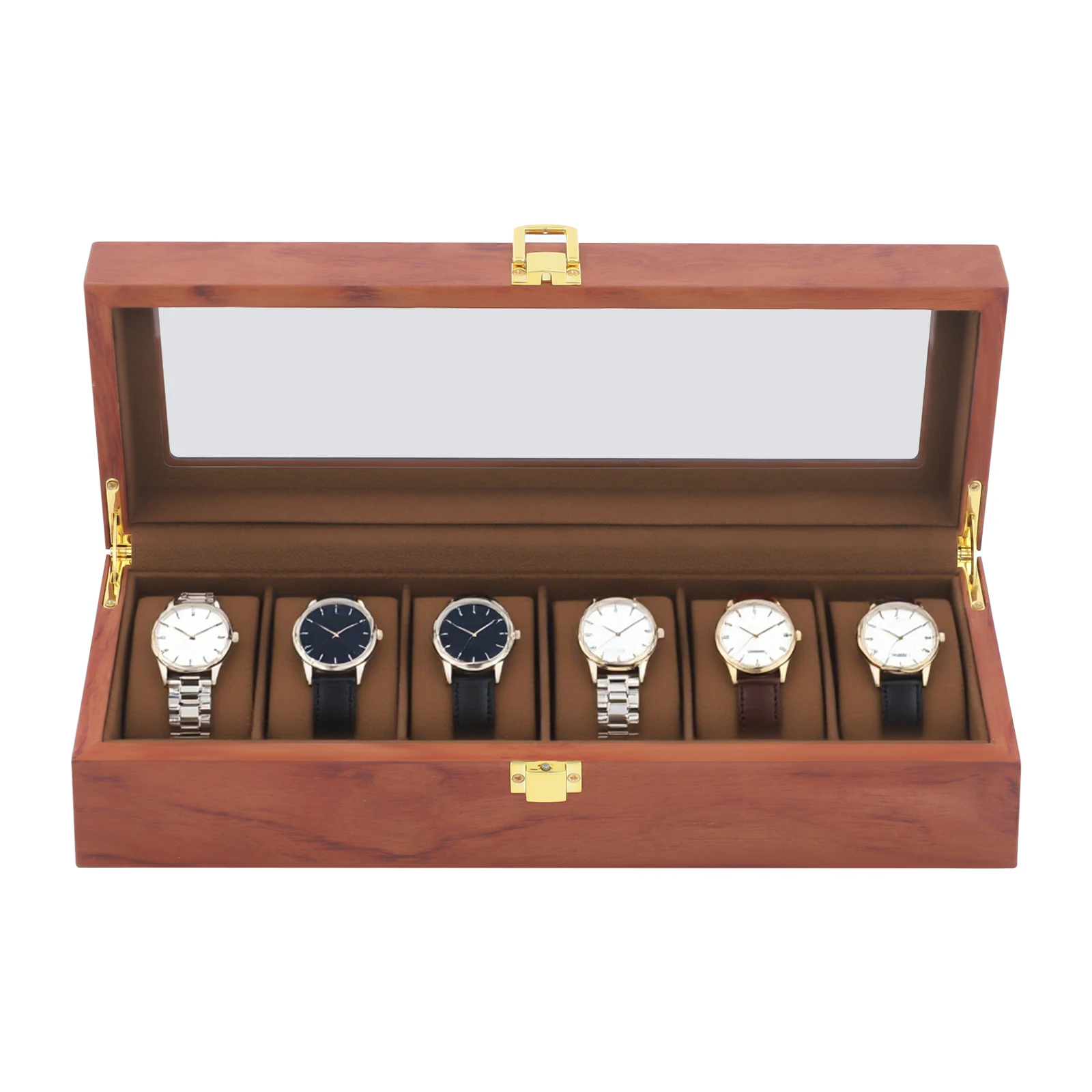 Vintage-Uhrenbox aus Holz für 6 Uhren, Schmuck-Organizer mit Glasplatte und Samtfutter, Geschenk für Uhrensammler – Detail 7
