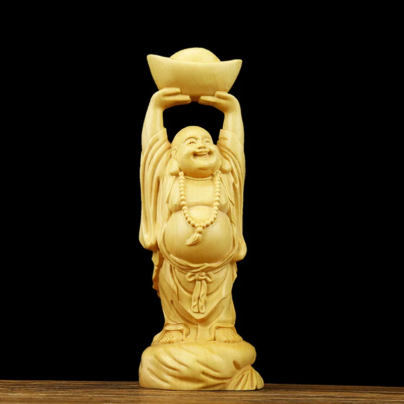 

Boxwood Wood Carved Maitreya To Lift Ingots Statue Buddhism Amulet Decor Figurines Craft