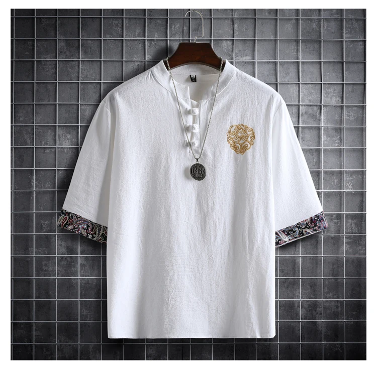 Summer Chinese Style Hanfu Men Short Sleeve Cotton T-shirt Kung Fu Tai Chi Tee Zen Tea Art Qipao Blouse