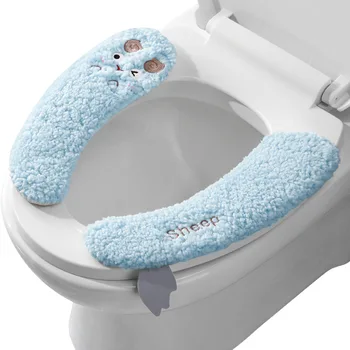 Thickened Warm Plush Sterile Toilet Seat Cover -1 Pair, Adhesive, Suitable for All Seasons, Hand Washable Polyester Material 1
