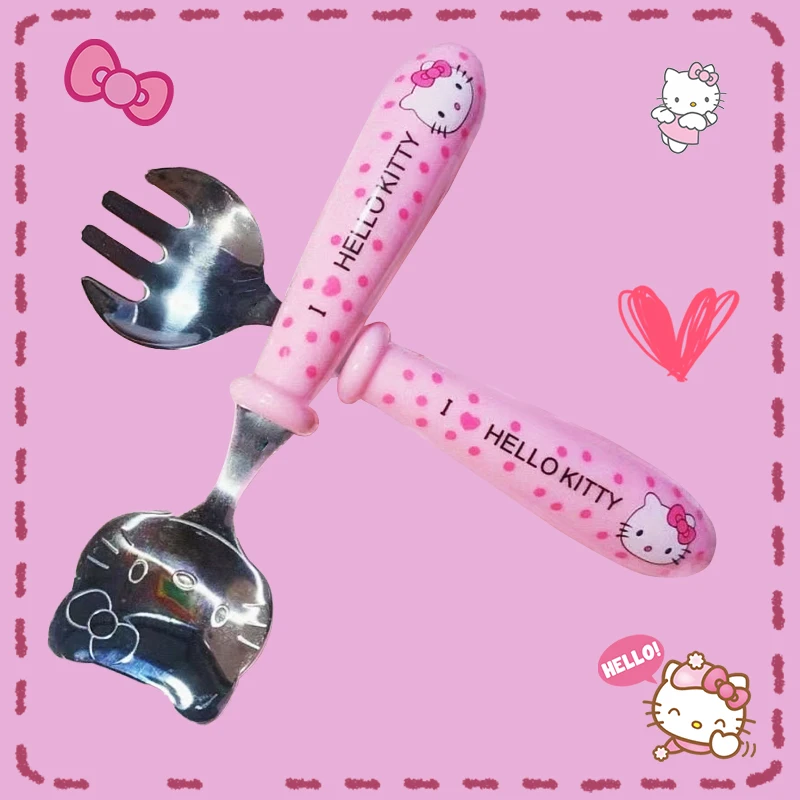 

Hello Kitty Spoon Fork Set Kawaii Anime Pink Dinnerware Portable Cute Soup Salad Tools Stainless Steel Scoop Lovely Girls Gifts