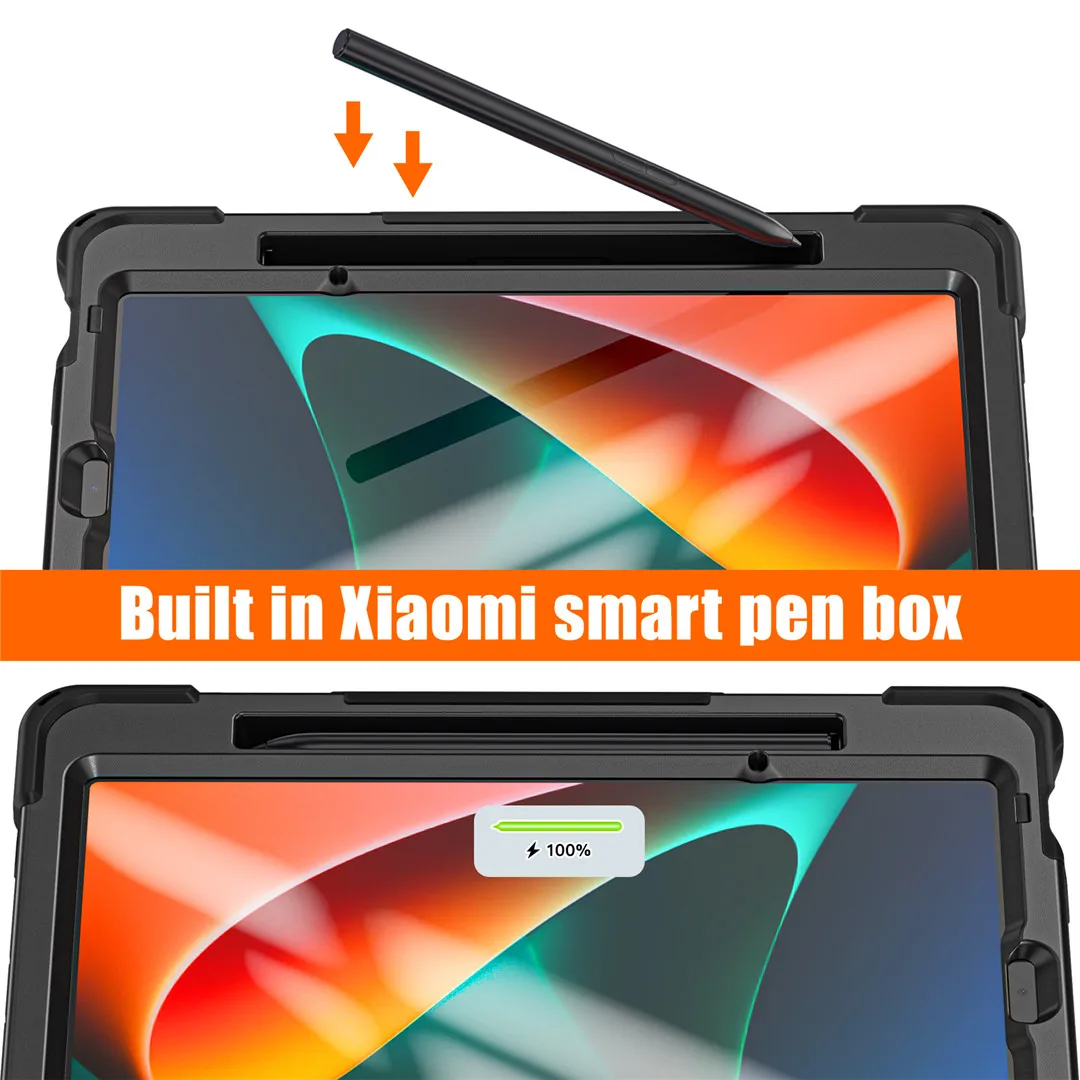  Rugged Case for Xiaomi-Mi-Pad-5 / MiPad-5-Pro 11 inch 2021  w/Stylus Holder & Kickstand, Portable Heavy Duty Hybrid Shock-Proof Cover  with 360° Rotatable Handle, Shoulder Strap (Black) : Electronics