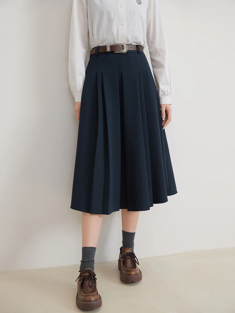 dushu high waist mental button decoration women navy blue a line skirts 2023 autumn pleated design female long cake skirt DUSHU College Style Age-reducing Intellectuals Wind-pressed Pleated Skirt for Women Spring New High-waisted A-line Skirt Female