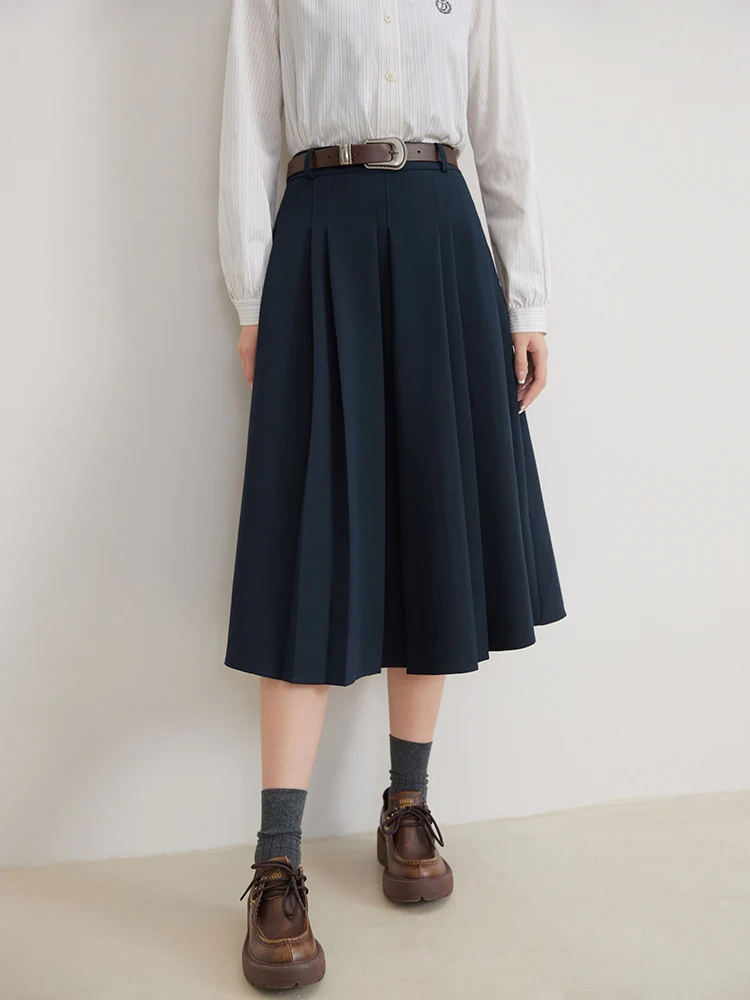 DUSHU College Style Age-reducing Intellectuals Wind-pressed Pleated Skirt for Women Spring New High-waisted A-line Skirt Female dushu women elegant v neck jacquard suspender skirt 2024 spring new black temperament pleated design long mid calf female skirts