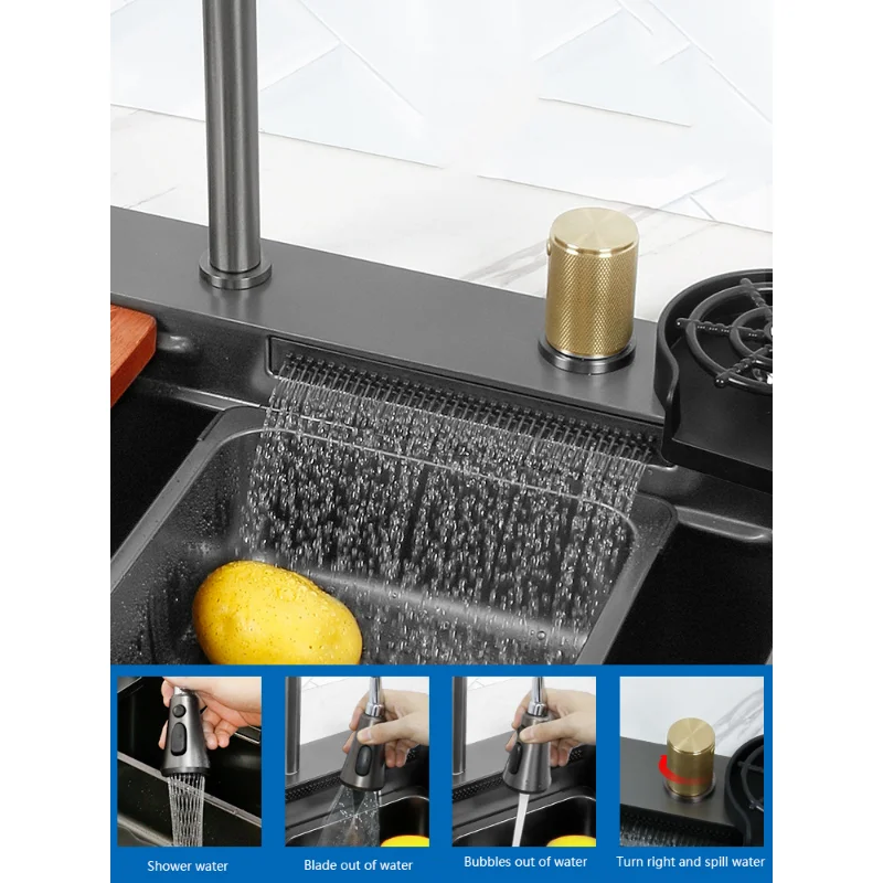 Black Nano Kitchen Sink 304 Stainless Steel Waterfall  Basin Large Single Slot with  Faucet for  3
